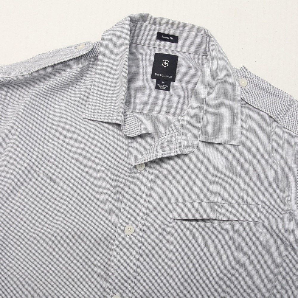 Victorinox Shirt Mens Medium Blue Check Tailored Fit Short Sleeve Button Front